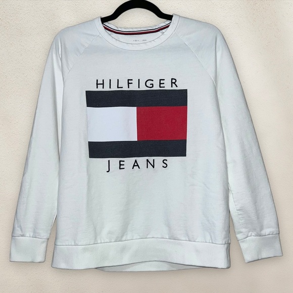 Tommy Hilfiger Jeans Pullover Sweatshirt Lightweight White Flag Logo Size Medium - Picture 1 of 6